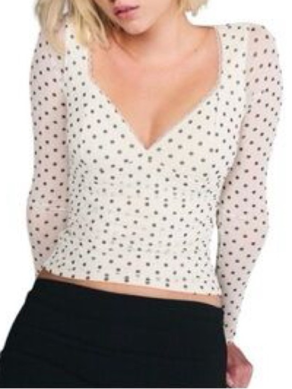 Abercrombie & Fitch White Sheer Polka Dot V-Neck Long Sleeve Top